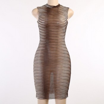 Women Summer Sleeveless See Through Bodycon Striped Mini Dress Sundress
